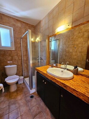 Chuveiro, secador de cabelo, toalhas de banho, papel higiênico