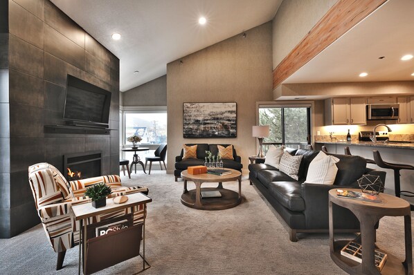 Televisio, takka, stereot, työhuone