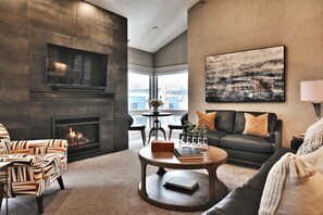 Televisio, takka, stereot, työhuone