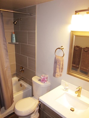 Secadora de cabello, toallas, shampoo, papel de baño