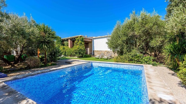 Une piscine à l’eau d’un bleu limpide, entourée d’une végétation luxuriante et bordée d’un bâtiment dont le toit est recouvert de tuiles.