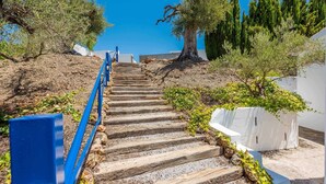 Un escalier montant vers le haut, avec une rampe bleue, entouré de verdure et sous un ciel dégagé.