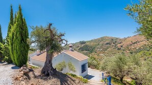 Un petit bâtiment blanc, surmonté d’un toit de tuiles, entouré d’oliviers et s’ouvrant sur un ciel bleu azur.