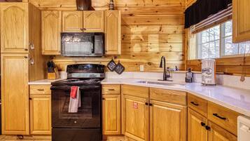 Une cuisine rustique, située dans une cabane en bois, équipée d’une cuisinière, d’un four à micro-ondes, d’un évier et de placards.