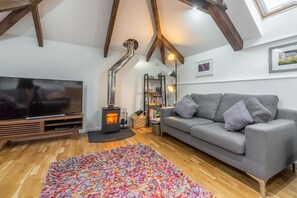 TV, fireplace - A converted barn that has been restored into a bright, modern holiday home. (Penwennick Road)