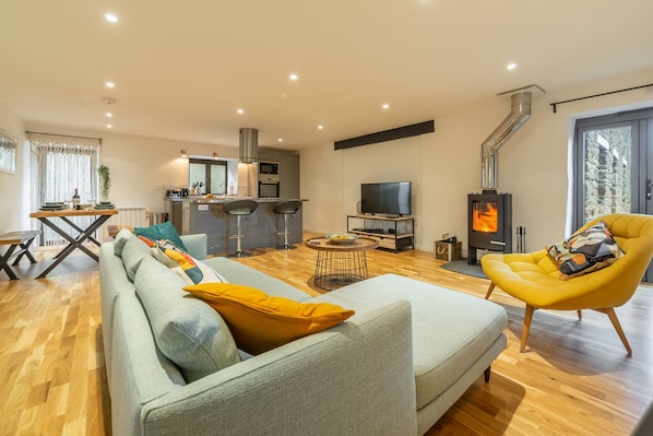 TV, fireplace, DVD player, stereo