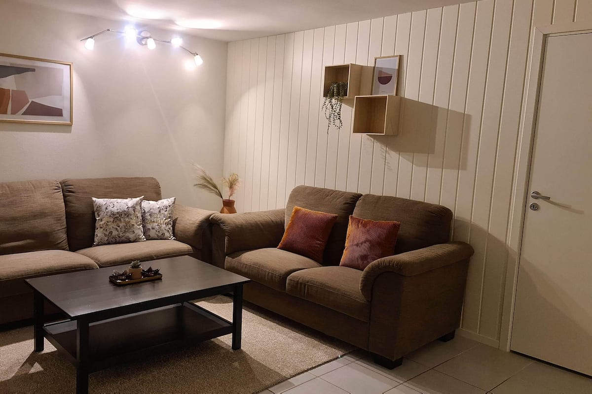 A living room with two sofas, a coffee table, a framed abstract painting, and a wall-mounted shelf with decorative items.