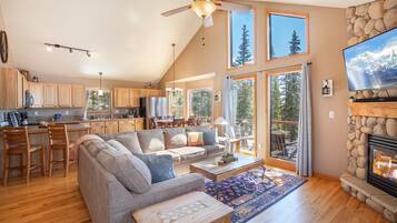 Smart TV, fireplace, video games, DVD player