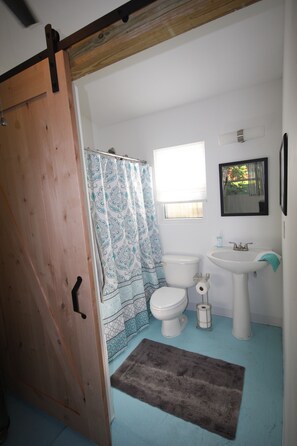 Duschwanne, Haartrockner, Handtücher, Seife