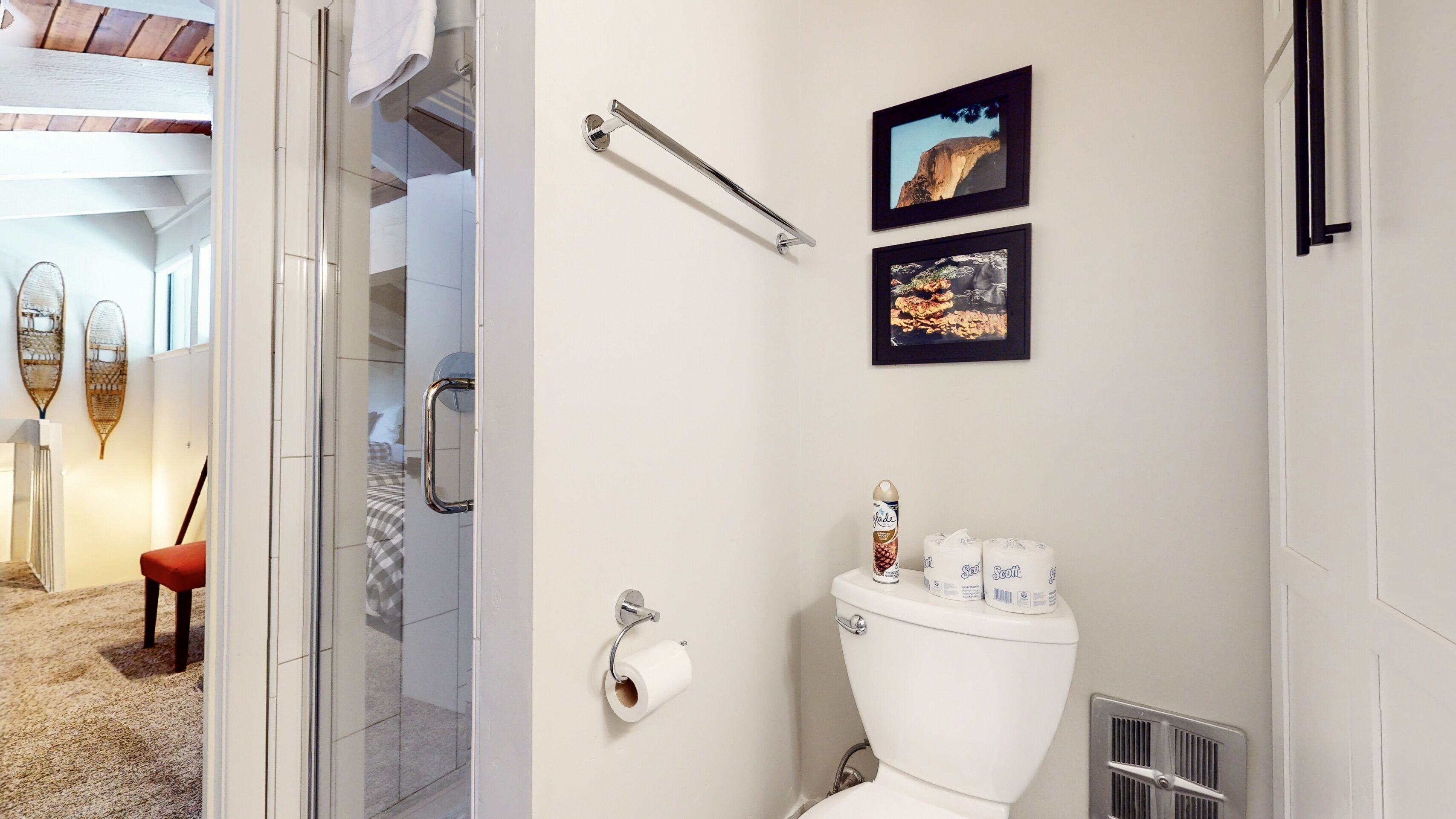 Une salle de bain avec des toilettes, un porte-serviettes et deux tableaux encadrés au mur.