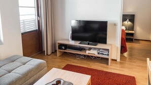 Een moderne woonkamer met een flatscreen televisie op een houten standaard, een grijze bank, een rood vloerkleed en een houten salontafel.