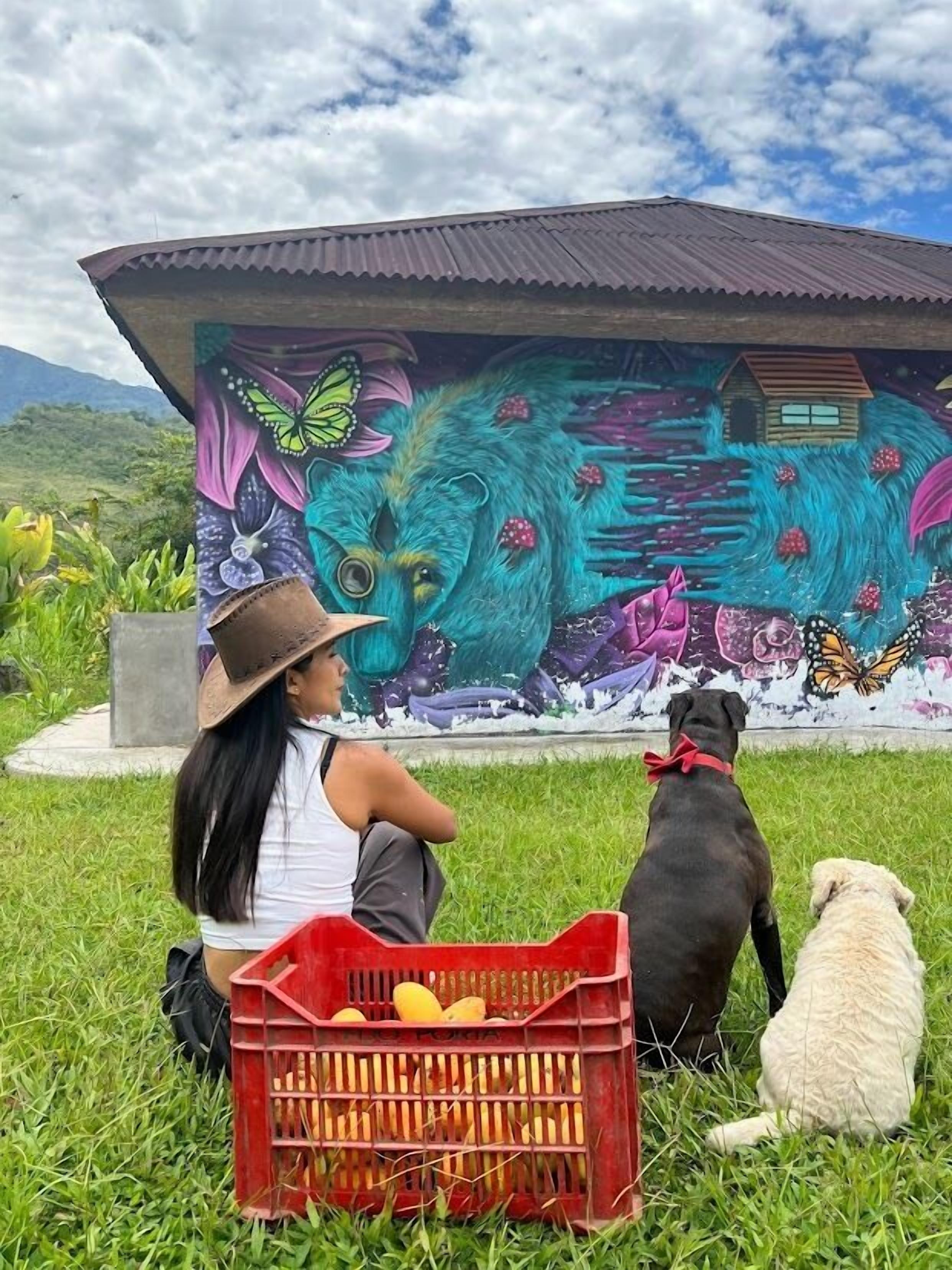 A mural with a house, a dog, and a person sitting on grass with a crate of fruit.