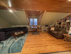 Fireplace, books, stereo