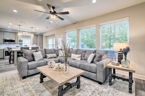 TV, fireplace, DVD player - Modern Montgomery Home w/ Backyard, Deck, & Grill (Montgomery)