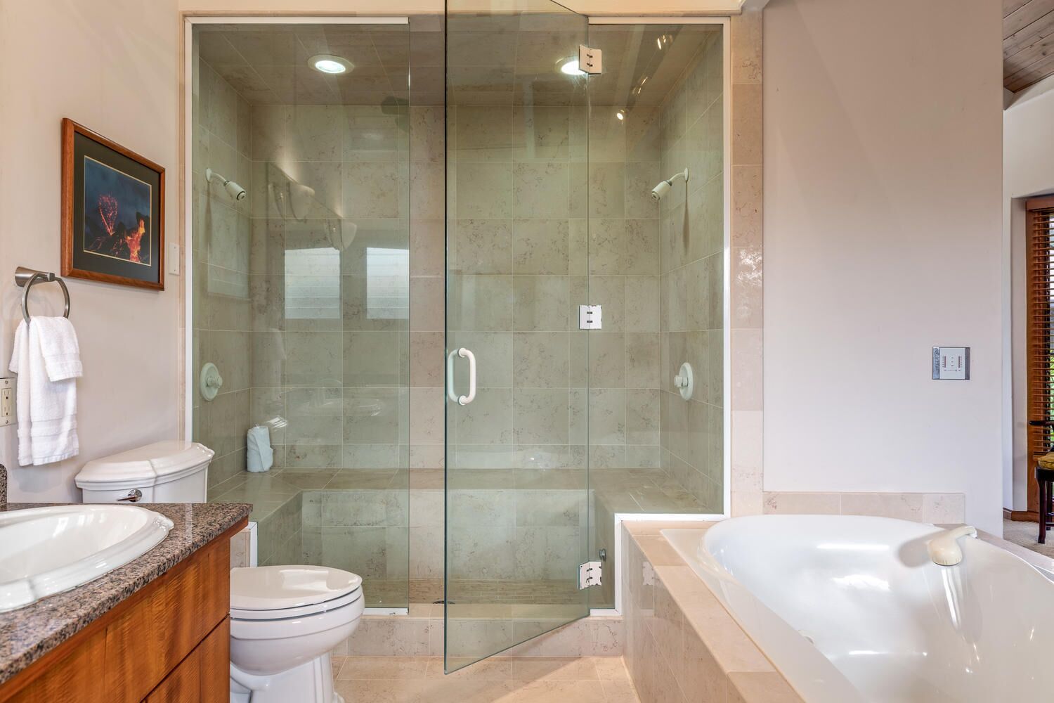 Combined shower/tub, hair dryer, towels