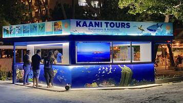 Quiosco con un cartel de KAANI TOURS, que ofrece excursiones y actividades.