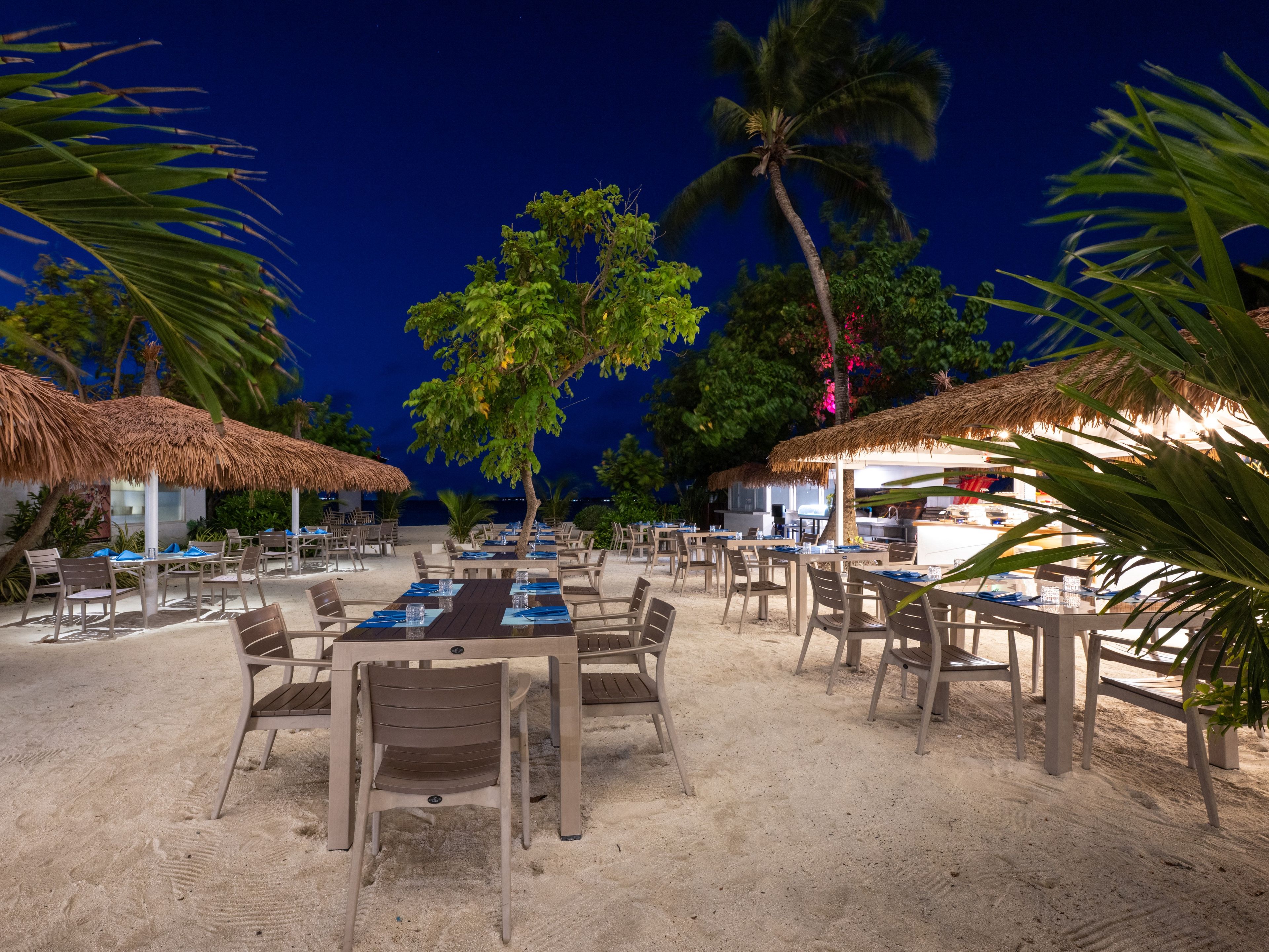 An outdoor dining area with tables and chairs, surrounded by palm trees and thatched umbrellas, under a night sky.