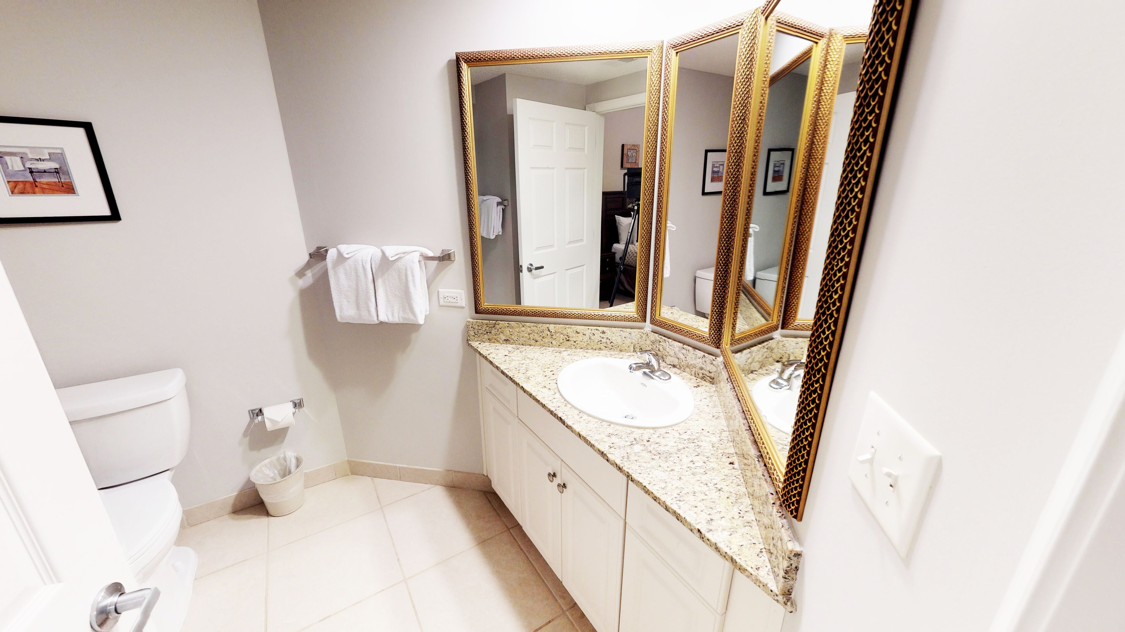 A bathroom with a white toilet, a sink with a gold-framed mirror, and a towel rack.
