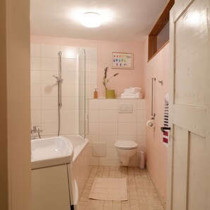 Une salle de bain avec douche, toilettes et lavabo.