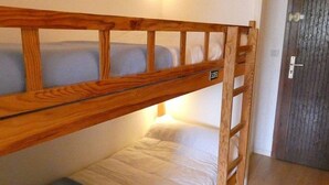 Une chambre avec un lit superposé, une échelle en bois, un lit simple en bas et une porte sur le côté droit.