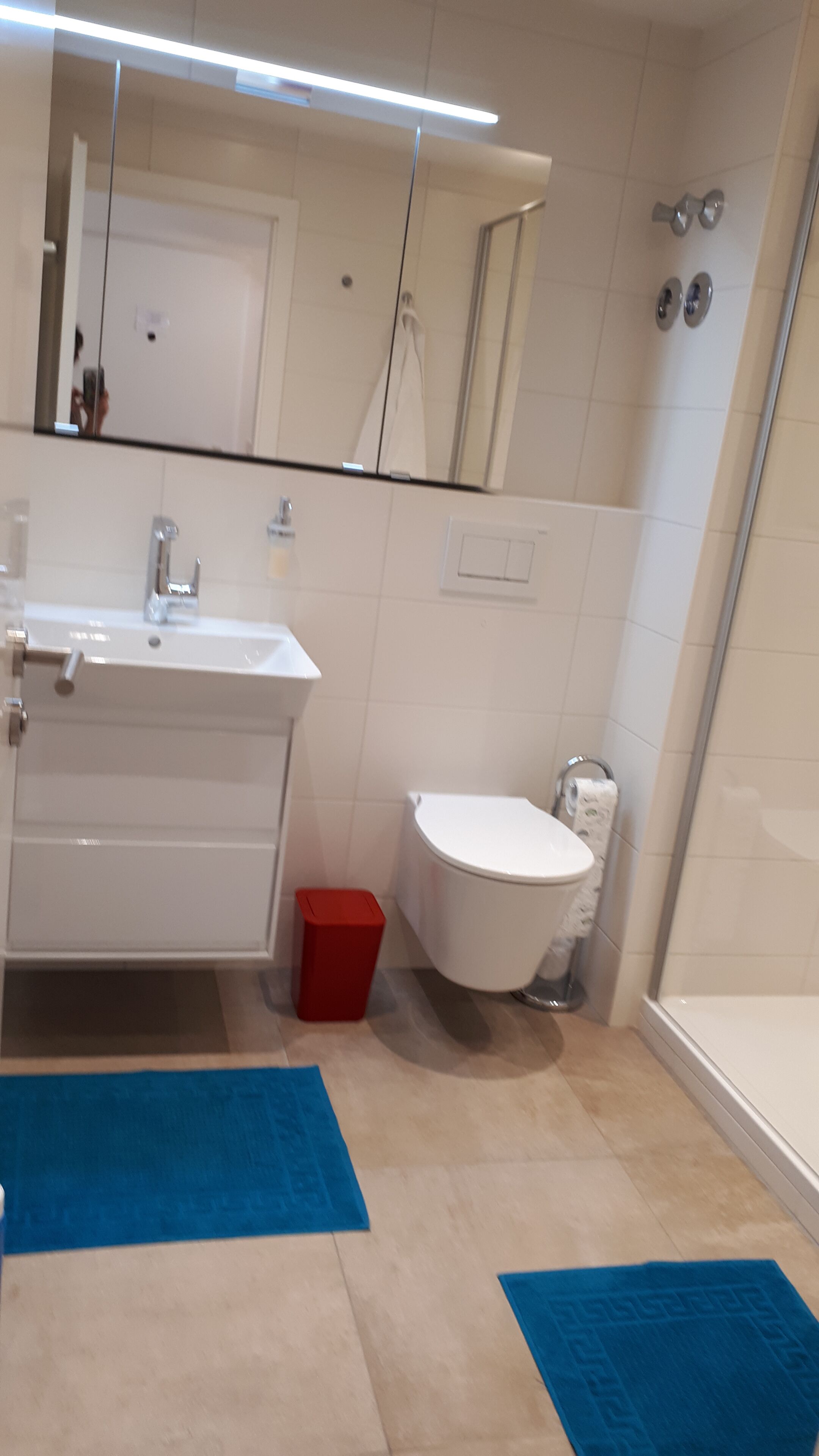 Een badkamer met een wastafel, spiegel, toilet en douche.