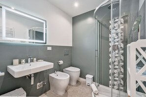 Shower, hair dryer, bidet, towels