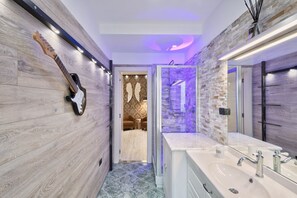 Shower, hair dryer, bidet, towels