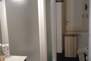 Een bad/douchecombinatie, een haardroger, een bidet