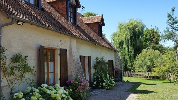 A rustic house with a gravel driveway, wooden shutters, and lush greenery including hydrangeas and a willow tree.