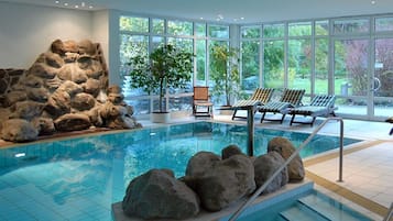 Indoor pool, open 6:30 AM to 8:00 PM, sun loungers