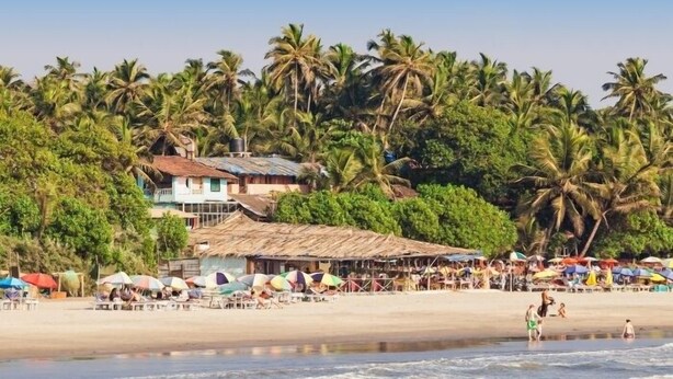 A beach with palm trees, beach umbrellas, and a few people. - Resort The Lohias (Candolim)