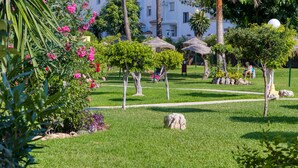 Un jardín bien cuidado con una variedad de plantas y árboles, un sendero despejado y un edificio al fondo.