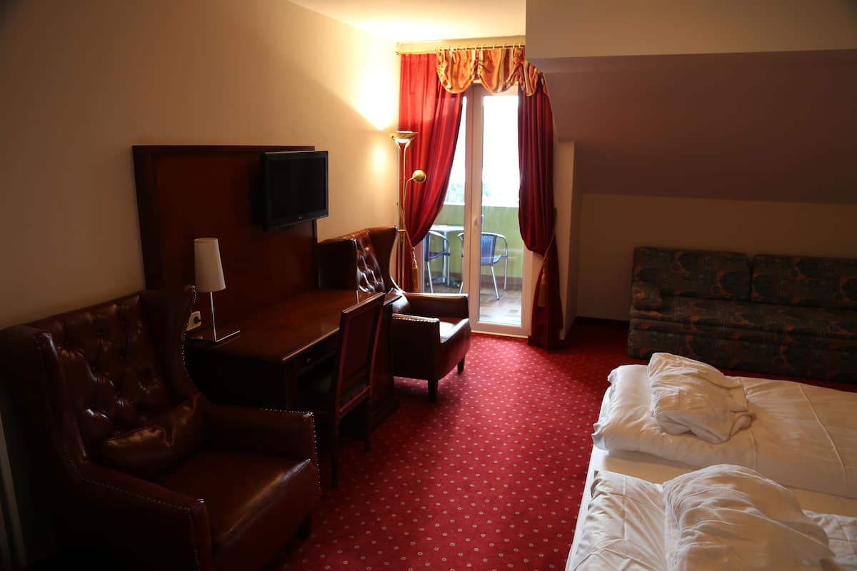 A hotel room with a bed, a leather armchair, a desk with a lamp, a television, and a view of the outdoors through a sliding door.