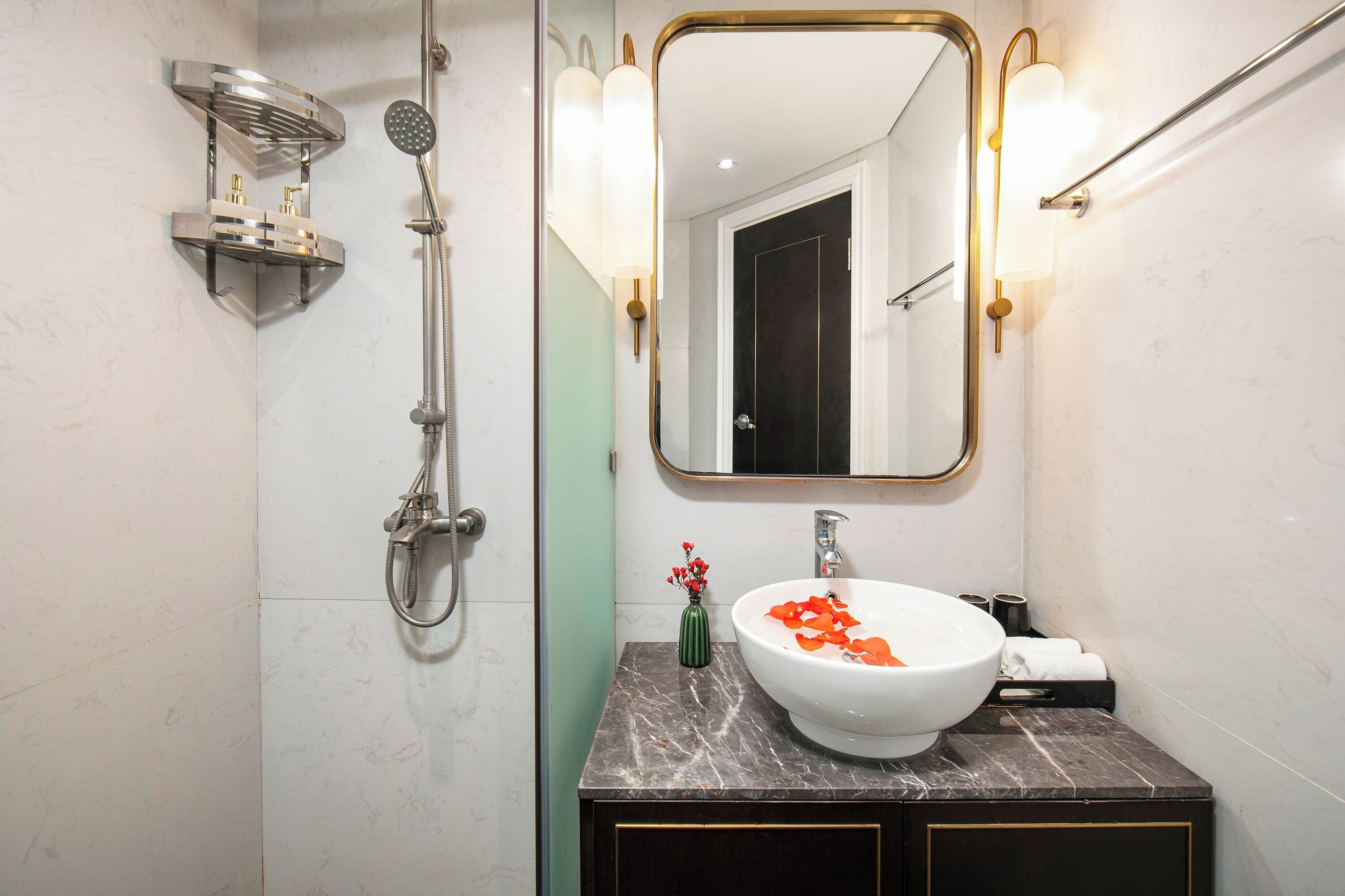 premium balcony room | bathroom | shower, free toiletries, hair dryer, slippers