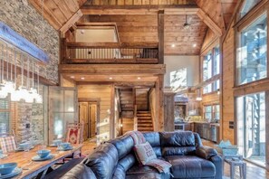 Flat-screen TV, fireplace - River’s Edge Lodge | Toccoa River Rustic Cabin R (Mineral Bluff)