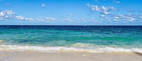 Private beach, sun loungers, beach towels
