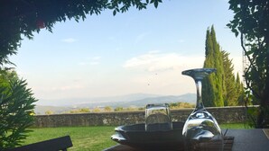 Ein Tisch mit einem Weinglas und einer Schüssel auf einer Matte, mit Blick auf eine malerische Landschaft mit Bergen und Bäumen.