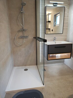 Shower, hair dryer, towels, soap