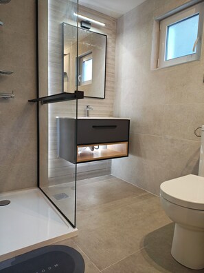 Shower, hair dryer, towels, soap
