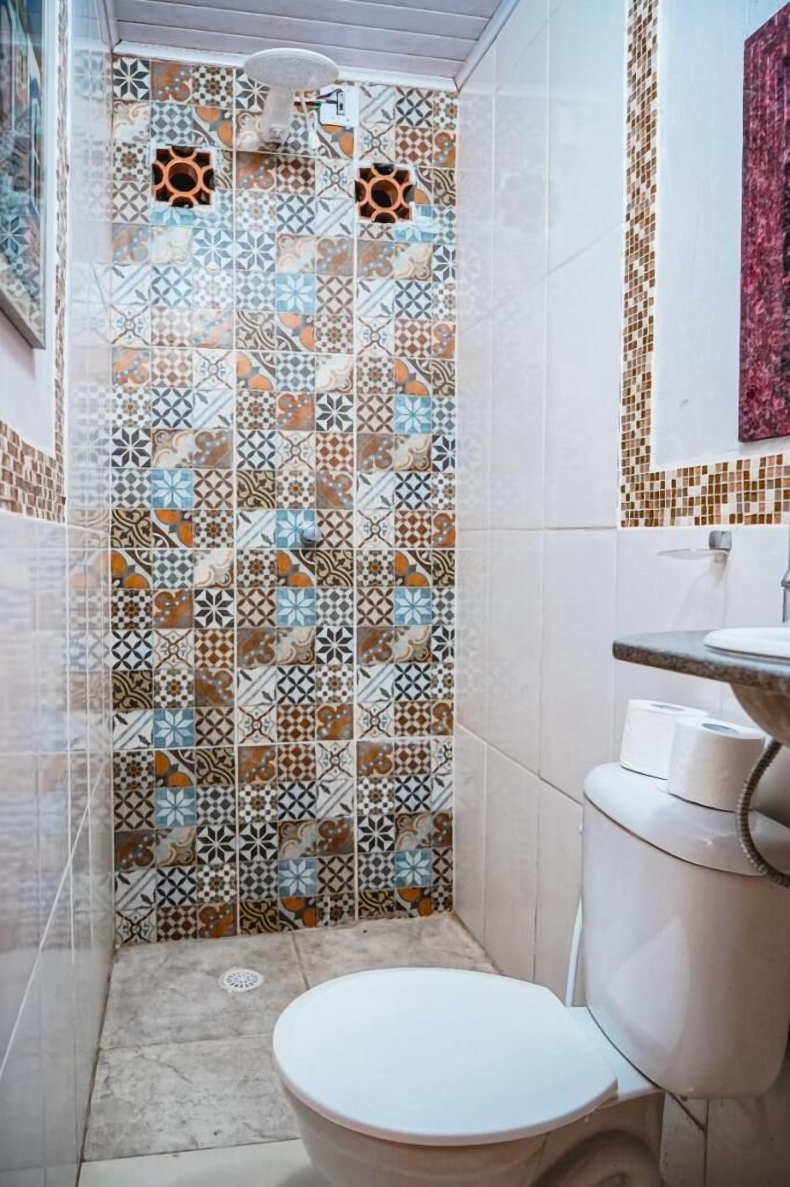 Un baño con pared de ducha revestida con azulejos, un inodoro y un lavabo con espejo.