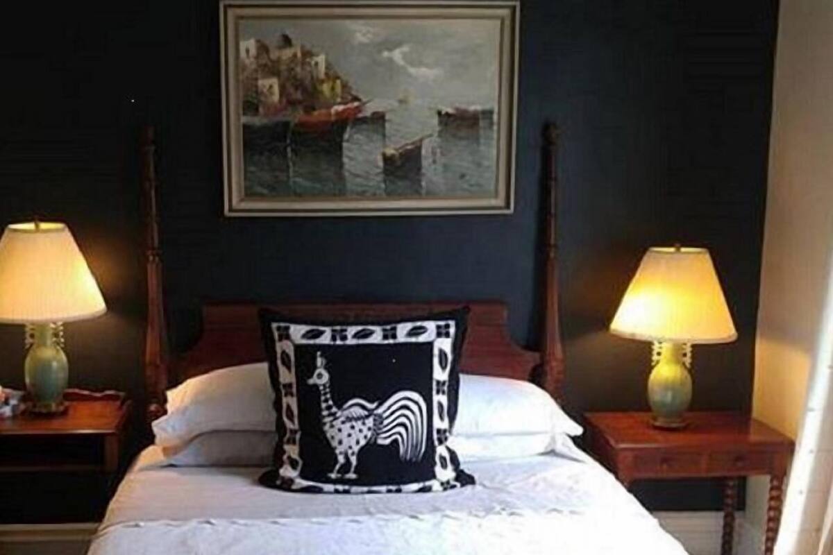 A hotel room with a bed, two bedside lamps, a framed picture on the wall, and a decorative pillow with a giraffe design.