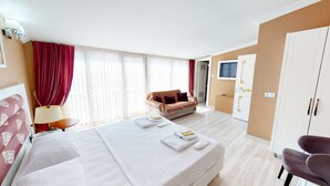 Una habitación de hotel con una cama grande, un sofá, un televisor y un armario.