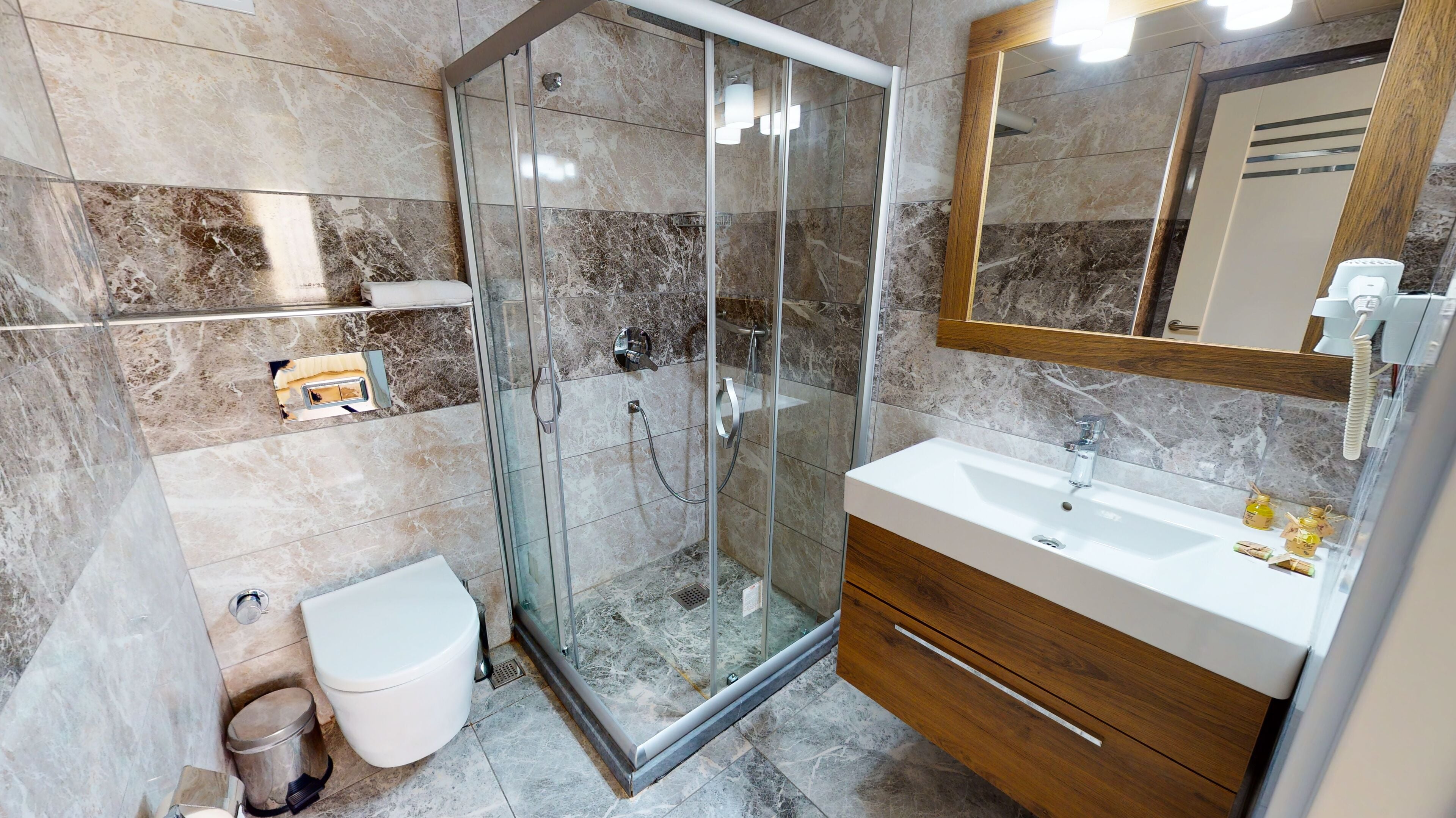 superior double or twin room | bathroom | shower, slippers, towels