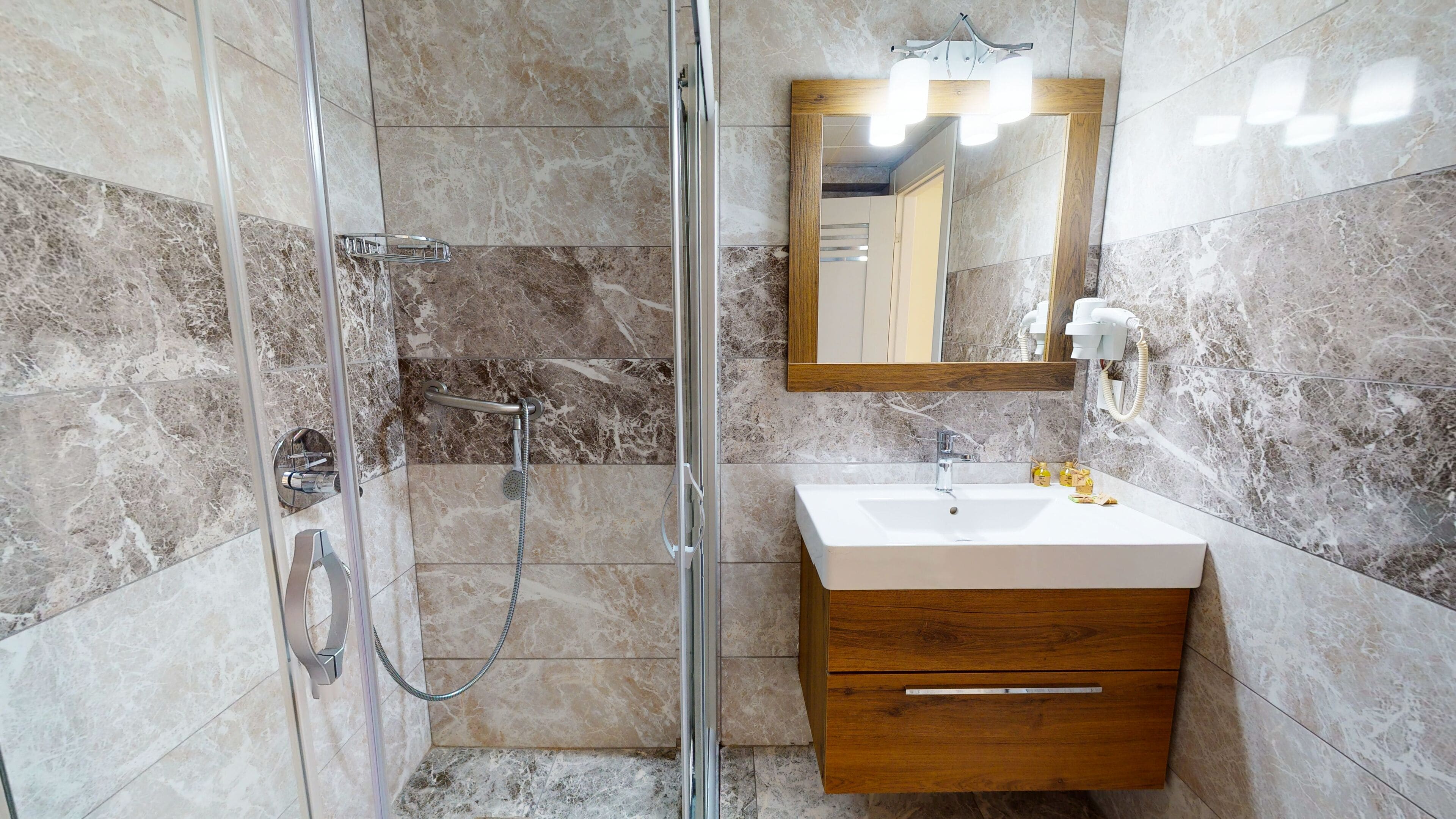 superior double or twin room | bathroom | shower, slippers, towels