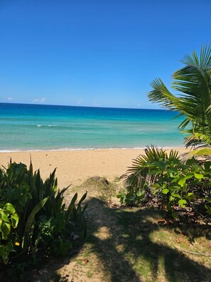Na praia, espreguiçadeiras, toalhas de praia