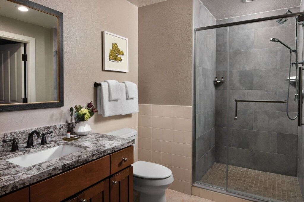 A bathroom with a marble sink, a toilet, a shower, and a mirror.