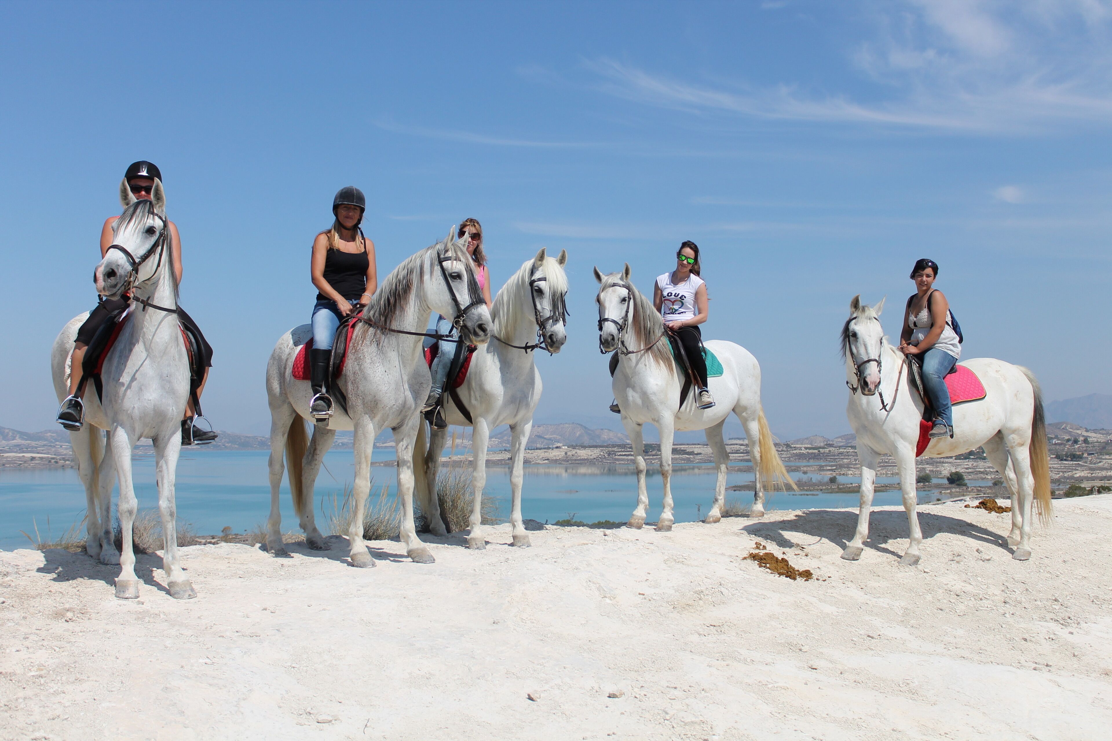 Un groupe de personnes à cheval sur une plage, avec un ciel dégagé et une étendue d’eau en arrière-plan.
