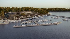Vue aérienne d’une marina avec de nombreux quais et des bateaux.