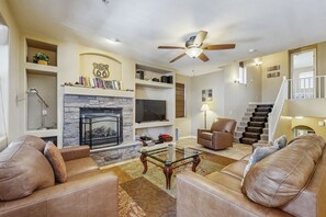 Télévision, cheminée, lecteur de DVD, livres