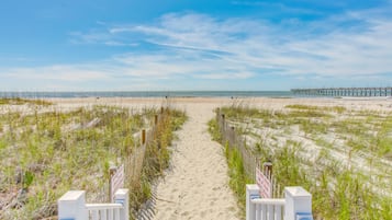 A beach path leading to the ocean with a pier in the distance.